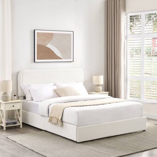 Front. GOODSILO - Queen Upholstered Platform Bed with 4 Storage Drawers & Tufted Headboard - Ivory.