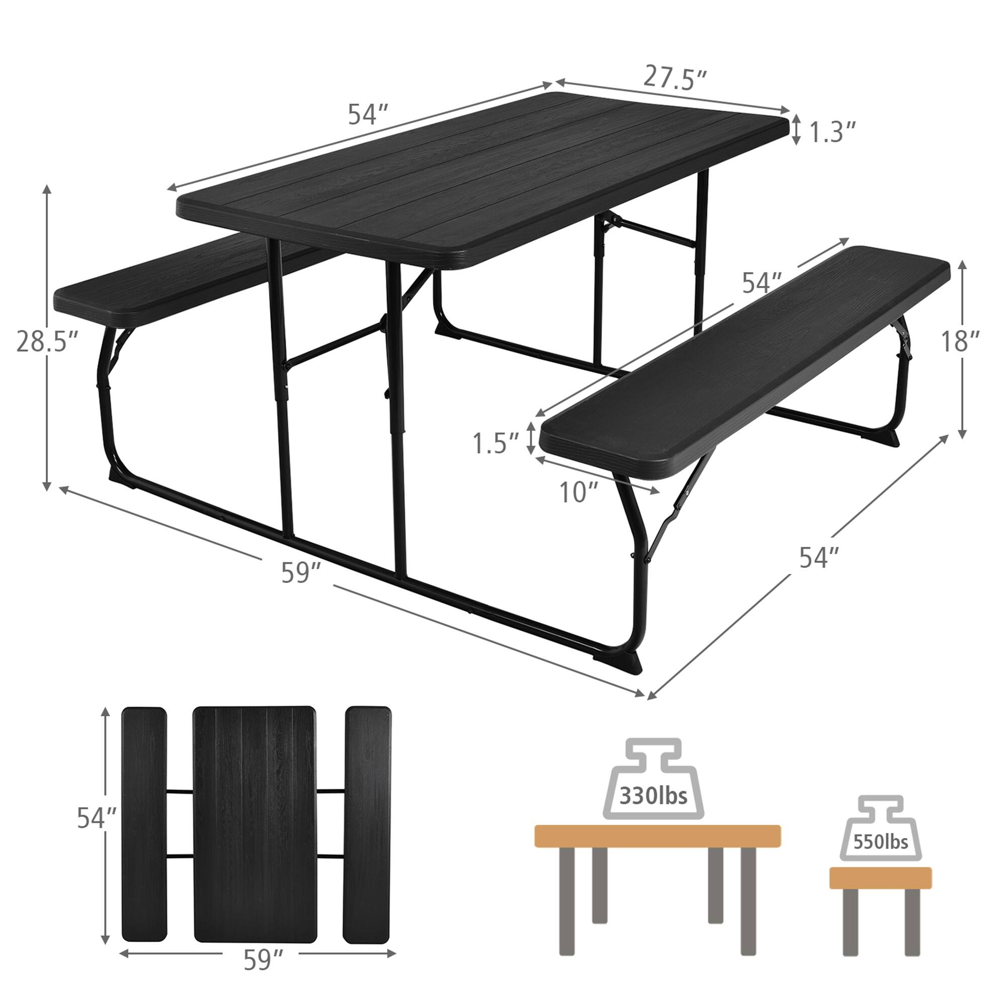 54" x 27.5" (tabletop)  
1.3" (tabletop thickness)  
28.5" (leg height)  
1.5" (leg thickness)  
59" (overall length)  
18" (bench width)  
10" (bench depth)  
54" (bench length)  
330 lbs (table weight capacity)  
550 lbs (bench weight capacity)