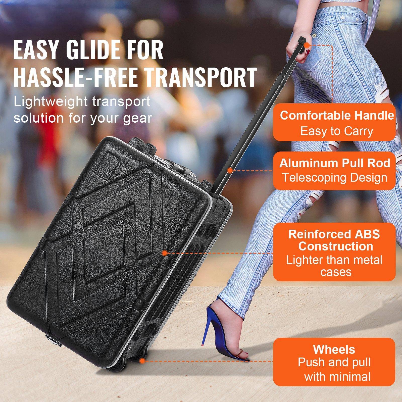 EASY GLIDE FOR HASSLE-FREE TRANSPORT

Lightweight transport solution for your gear

- Comfortable Handle
- Easy to Carry
- Aluminum Pull Rod
- Telescoping Design
- Reinforced ABS Construction
- Lighter than metal cases
- Wheels
- Push and pull with minimal effort