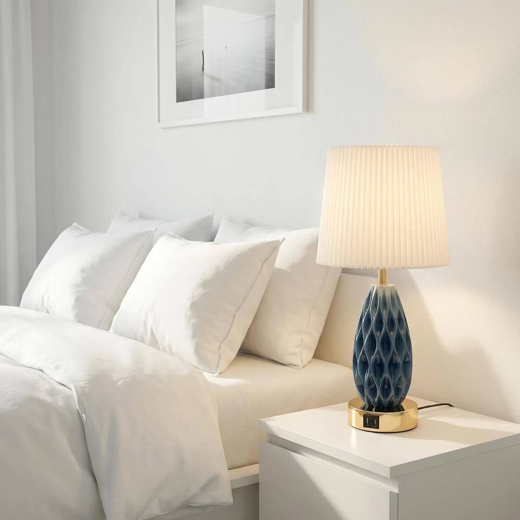 Alt View 3. GVDV - Home 18in Table Lamp with USB A&C Ports, Touch Control 3 Way Dimmable, Wave Texture Resin Bedside Lamp,for Bedroom Blue.