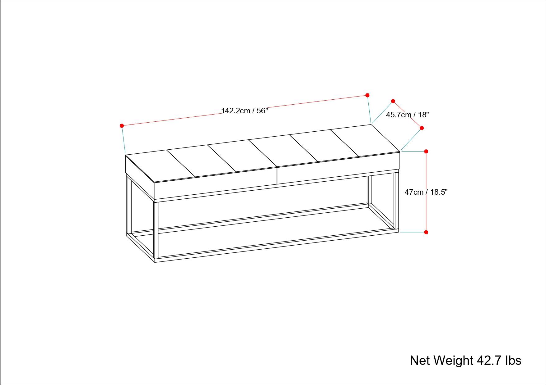 142.2cm / 56"  
45.7cm / 18"  
47cm / 18.5"  

Net Weight 42.7 lbs