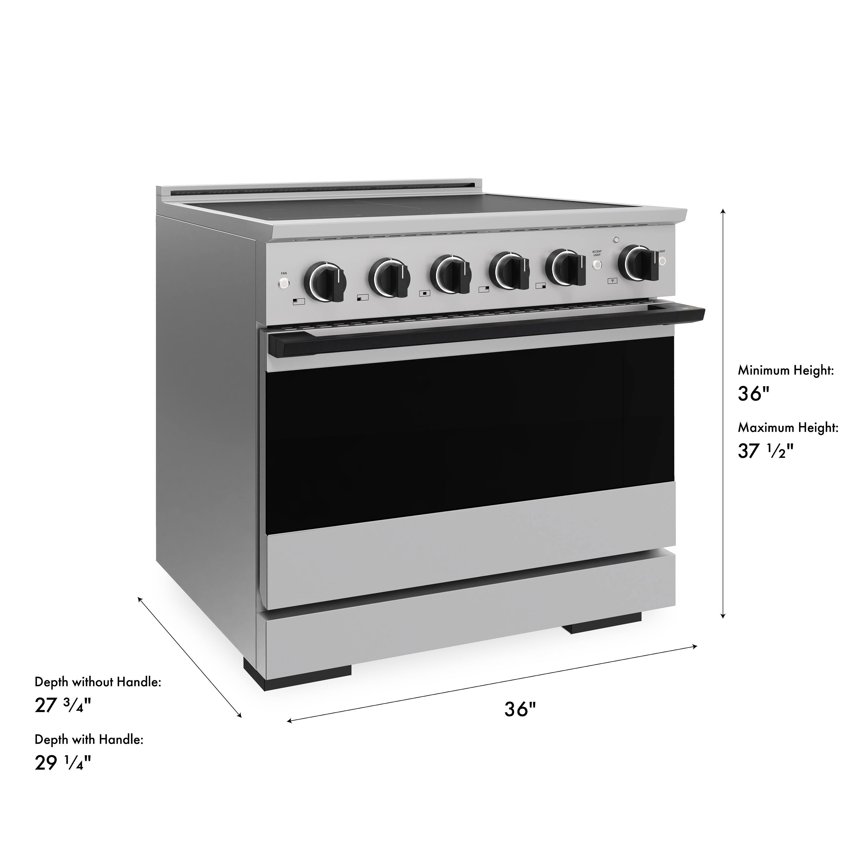 Minimum Height: 36"  
Maximum Height: 37 1/2"  
Depth without Handle: 27 3/4"  
Depth with Handle: 29 1/4"