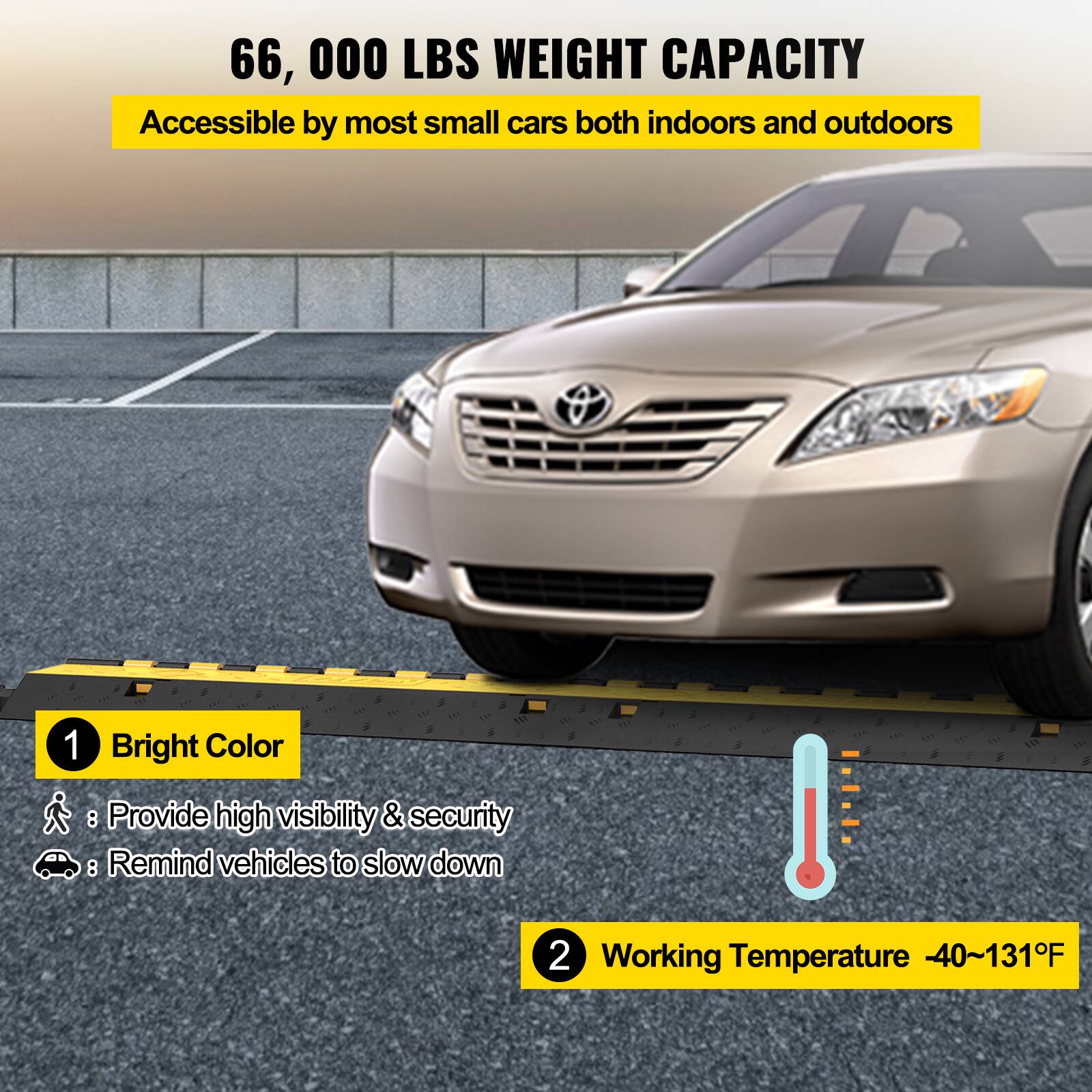 66, 000 LBS WEIGHT CAPACITY
Accessible by most small cars both indoors and outdoors
1 Bright Color
Provide high visibility & security
Remind vehicles to slow down
2 Working Temperature -40~131F