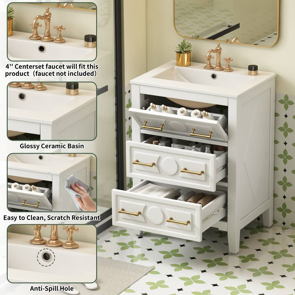 4" Centerset faucet will fit this product (faucet not included)

Glossy Ceramic Basin

Easy to Clean, Scratch Resistant

Anti-Spill Hole