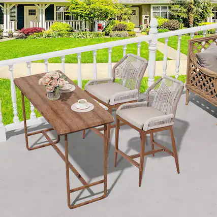 Front. Acekool - Set of 2 Boho Rope Counter Height Bar Stools, Rattan Woven Aluminum Barstools with Back & Arms, Patio/Pool, Oak - Oak.