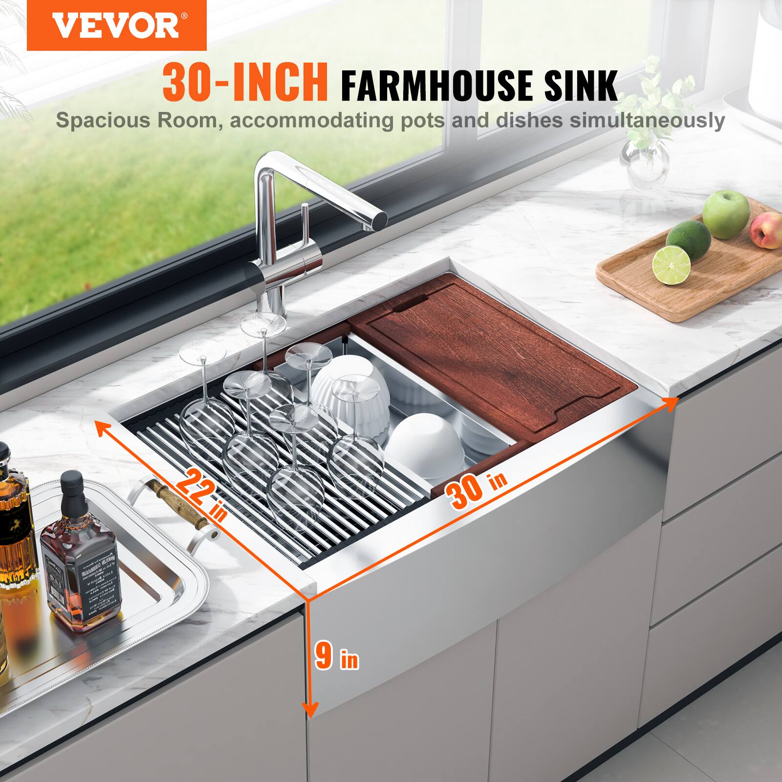 VEVOR 30-INCH FARMHOUSE SINK  
Spacious Room, accommodating pots and dishes simultaneously  
Dimensions: 30 in x 22 in x 9 in