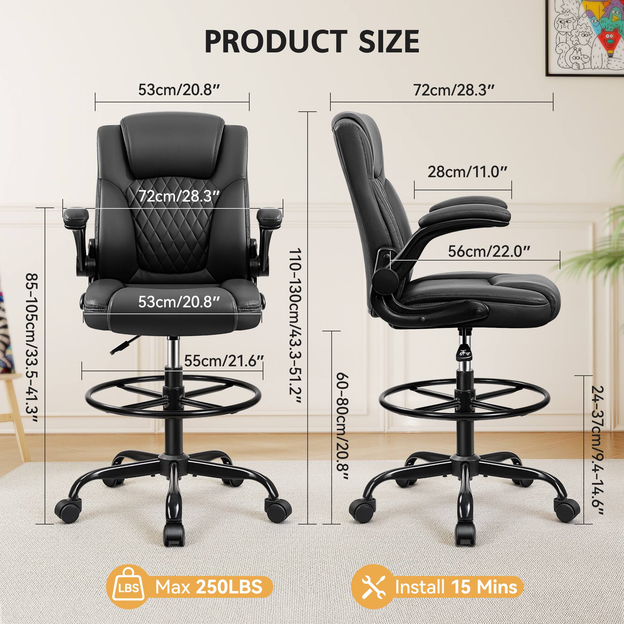 PRODUCT SIZE

- 53cm/20.8"
- 72cm/28.3"
- 85-105cm/33.5-41.3"
- 72cm/28.3"
- 53cm/20.8"
- 55cm/21.6"
- 110-130cm/43.3-51.2"
- 28cm/11.0"
- 56cm/22.0"
- 60-80cm/20.8"
- 24-37cm/9.4-14.6"

LBS Max 250LBS

Install 15 Mins