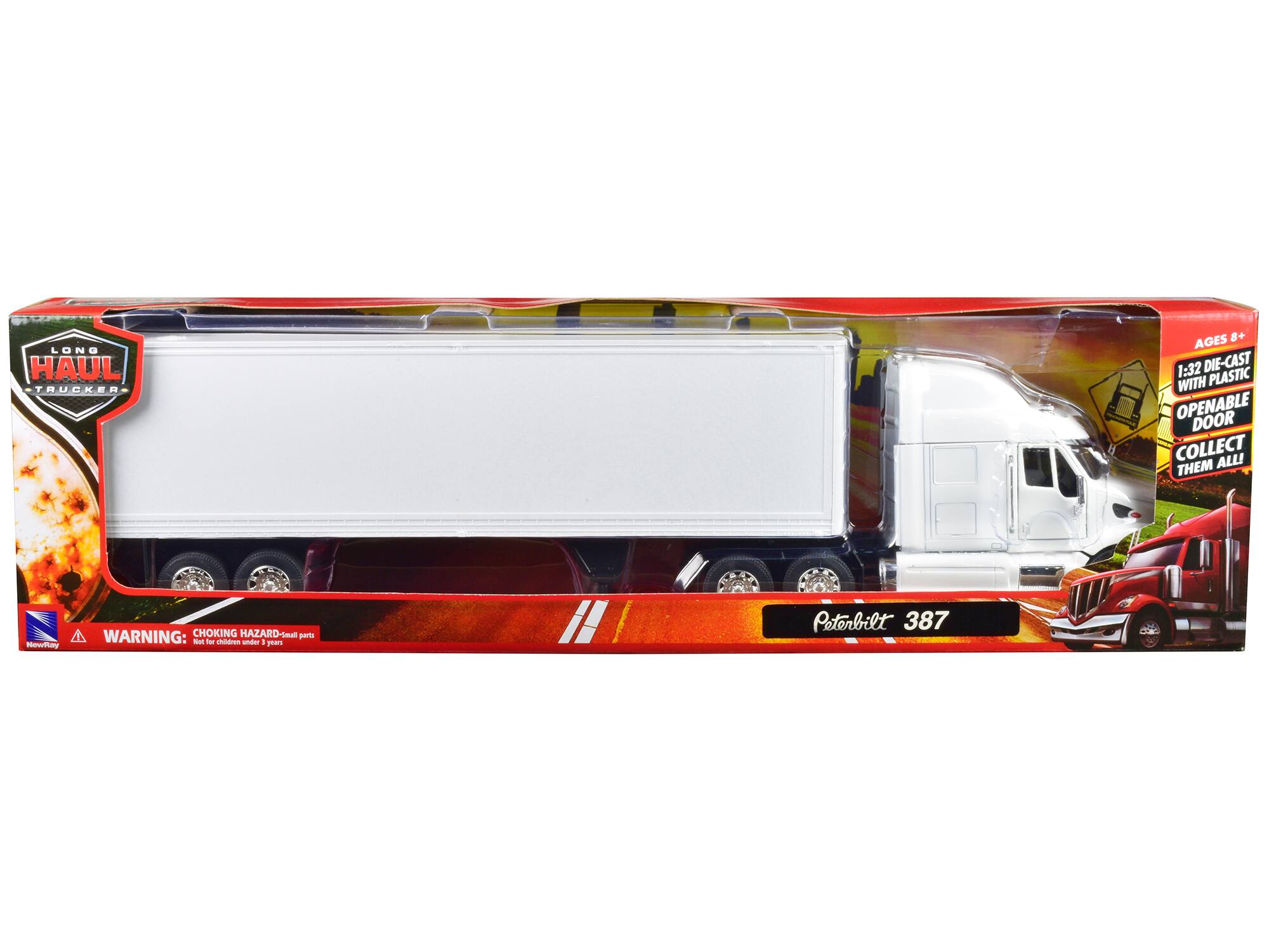 LONG HAUL TRUCKER AGES 8+ 1:32 DIE-CAST WITH PLASTIC OPENABLE DOOR COLLECT THEM ALL! WARNING: CHOKING HAZARD - Small parts. Not for children under 3 years. Peterbilt 387