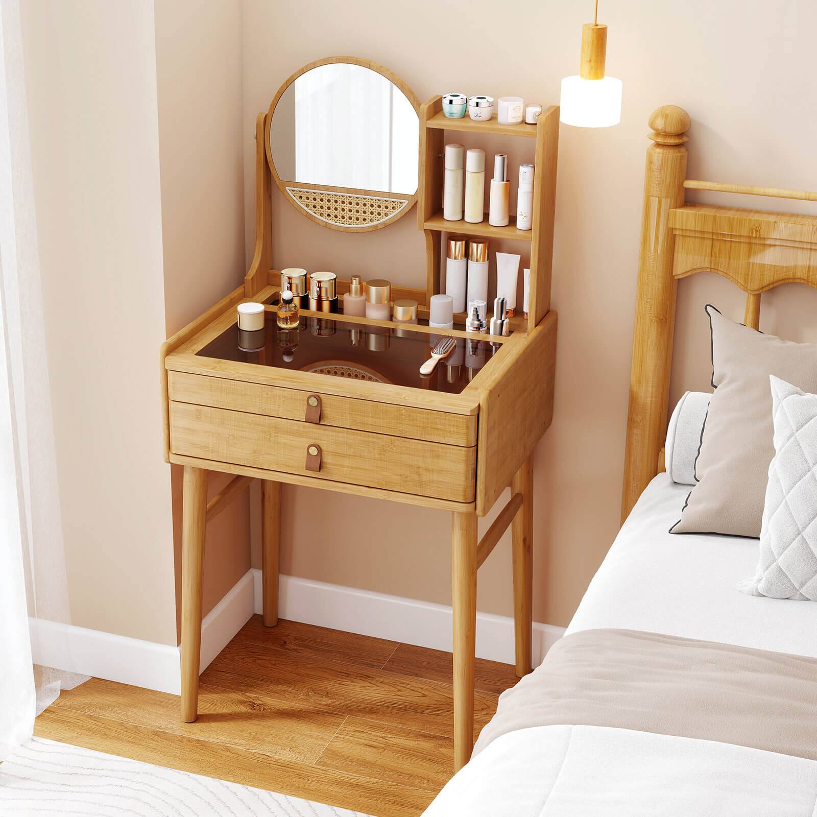 Alt View 8. Costway - Costway 23.5" Compact Makeup Table with 2 Drawers Open Storage Shelves and Glass Top - Natural.