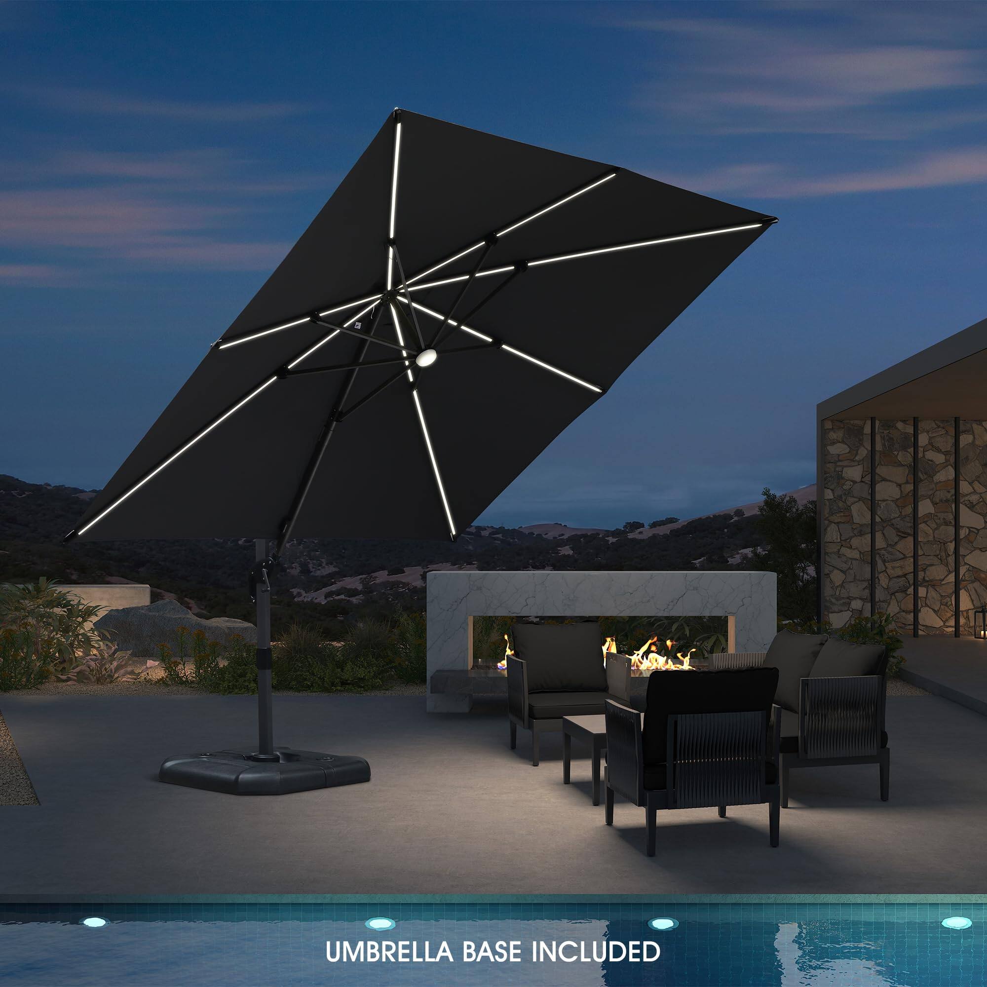 PURPLE LEAF - 10 ft. Square Aluminum Cantilever Solar Powered LED Offset 360° Rotation Umbrella with Base for Garden Deck Pool - Gray