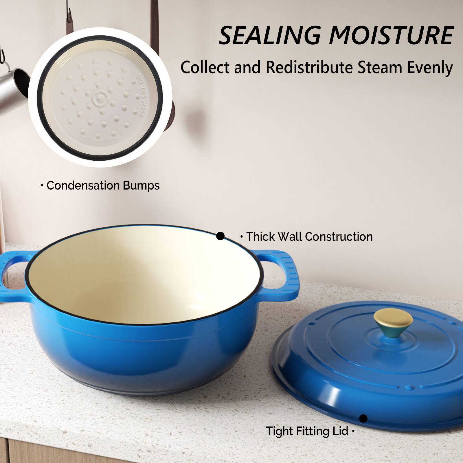 SEALING MOISTURE  
Collect and Redistribute Steam Evenly  

- Condensation Bumps  
- Thick Wall Construction  
- Tight Fitting Lid