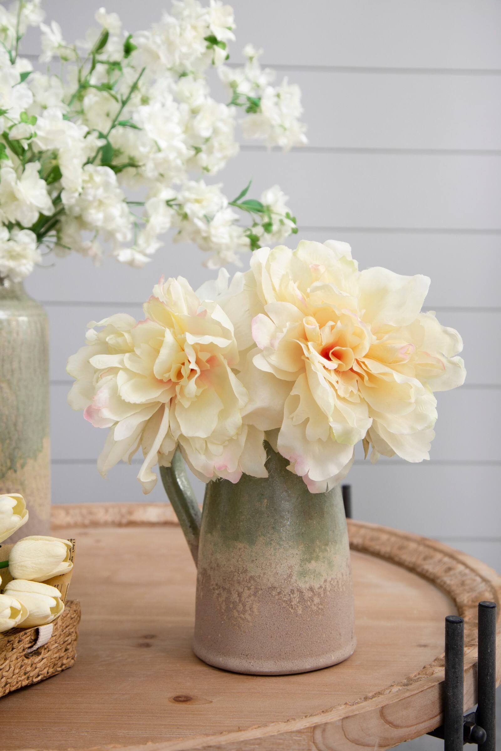 Alt View 4. Glintex - 14 Inch Faux Peony Stem with Pink-Tinged Petals, Lifelike Fabric and Plastic Design for Elegant Home Floral Arrangements - White+Pink.