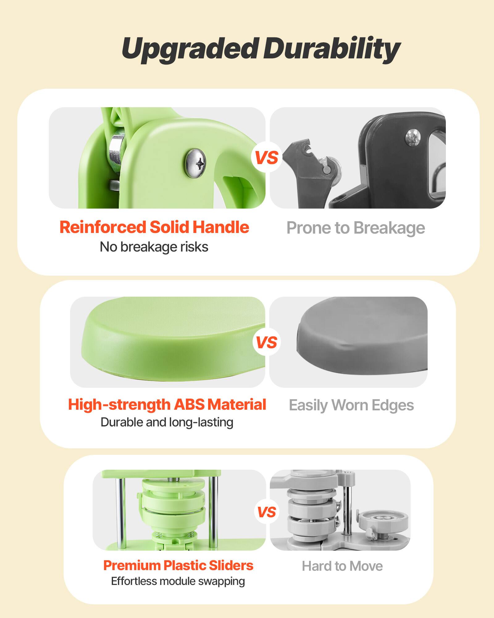 Upgraded Durability

- Reinforced Solid Handle
  - No breakage risks
  - Prone to Breakage

- High-strength ABS Material
  - Durable and long-lasting
  - Easily Worn Edges

- Premium Plastic Sliders
  - Effortless module swapping
  - Hard to Move