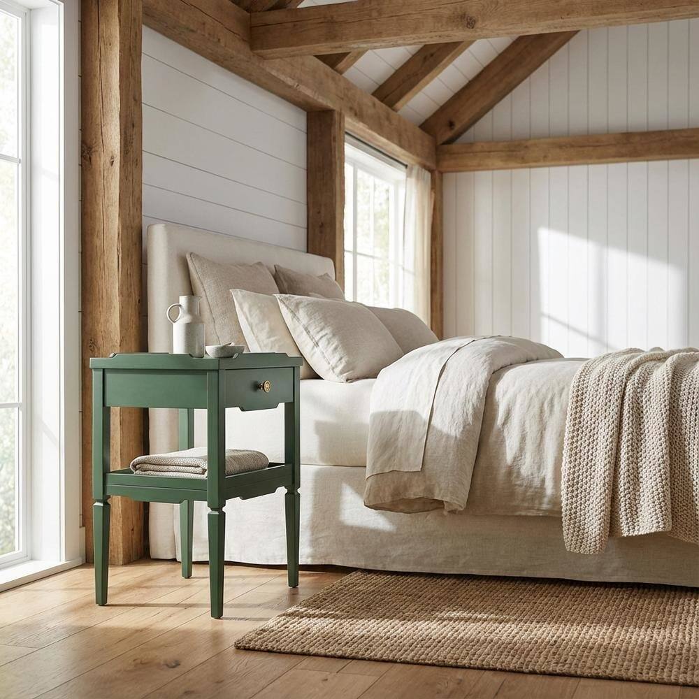 Angle. FurniFact - Vintage 1-Drawer Nightstand with Gold Hardware, Mid-Century Modern Design - Green.