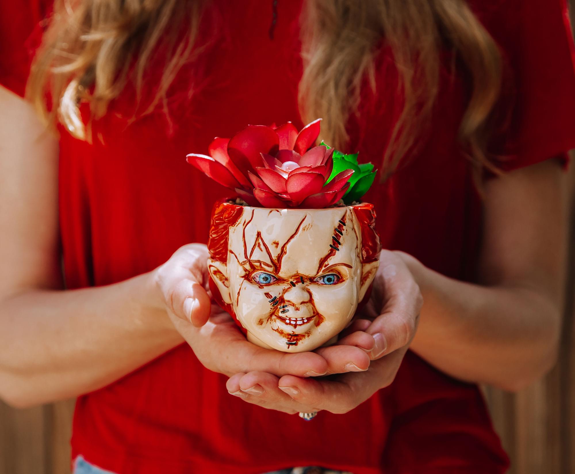 Alt View 1. Silver Buffalo - Child's Play Chucky 3-Inch Ceramic Mini Planter with Artificial Succulent - Red.