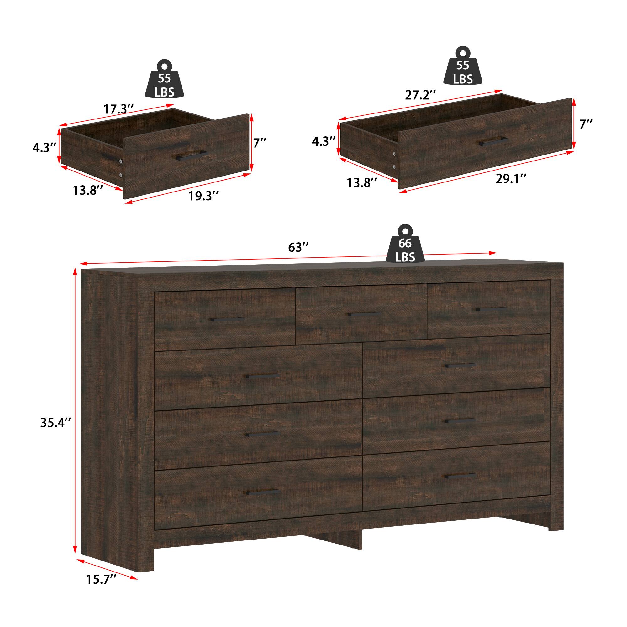 The text can be grouped as follows:

- Drawer dimensions: 4.3" x 17.3" x 7" (55 LBS)
- Drawer dimensions: 4.3" x 27.2" x 7" (55 LBS)
- Dresser dimensions: 63" x 13.8" x 19.3" (66 LBS)
- Dresser dimensions: 35.4" x 15.7"
