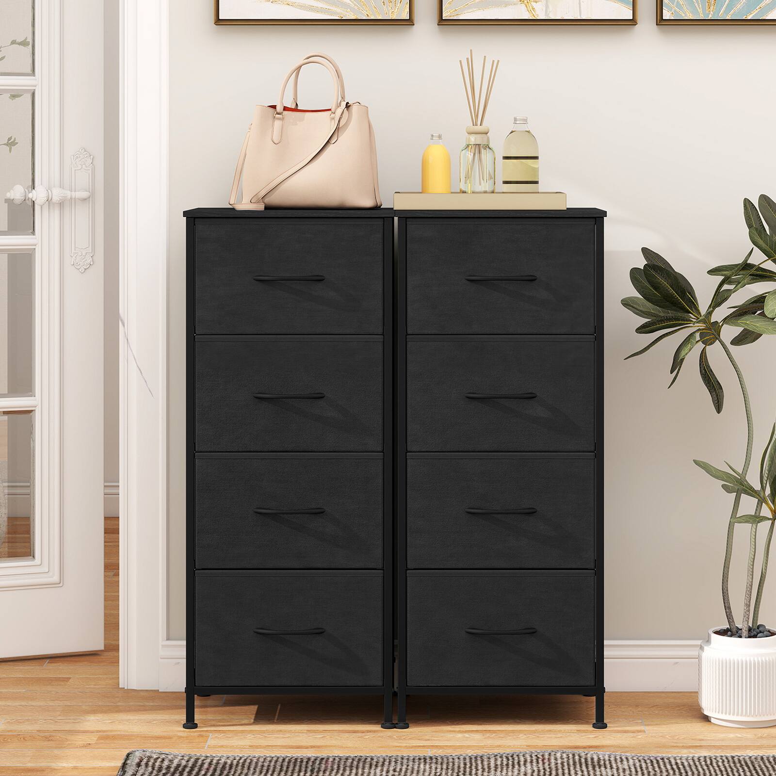 Alt View 4. Costway - Costway Dresser Nightstand with 4 Roomy Fabric Drawers Heavy-Duty Metal Frame for Dorm - Black.