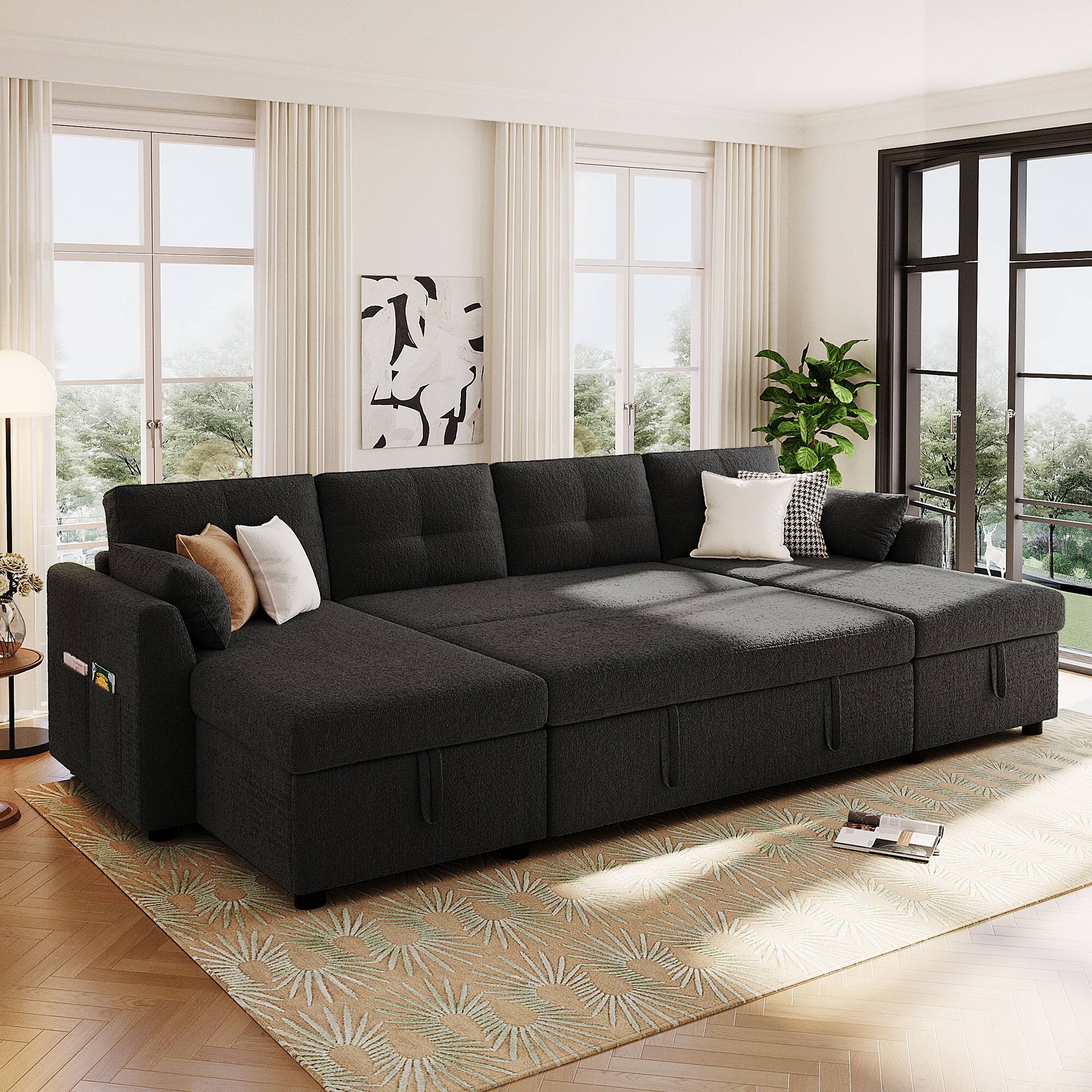 Whisen - Modern U-shaped Sectional Sofa Bed with Storage and USB Ports for Living Room - Black