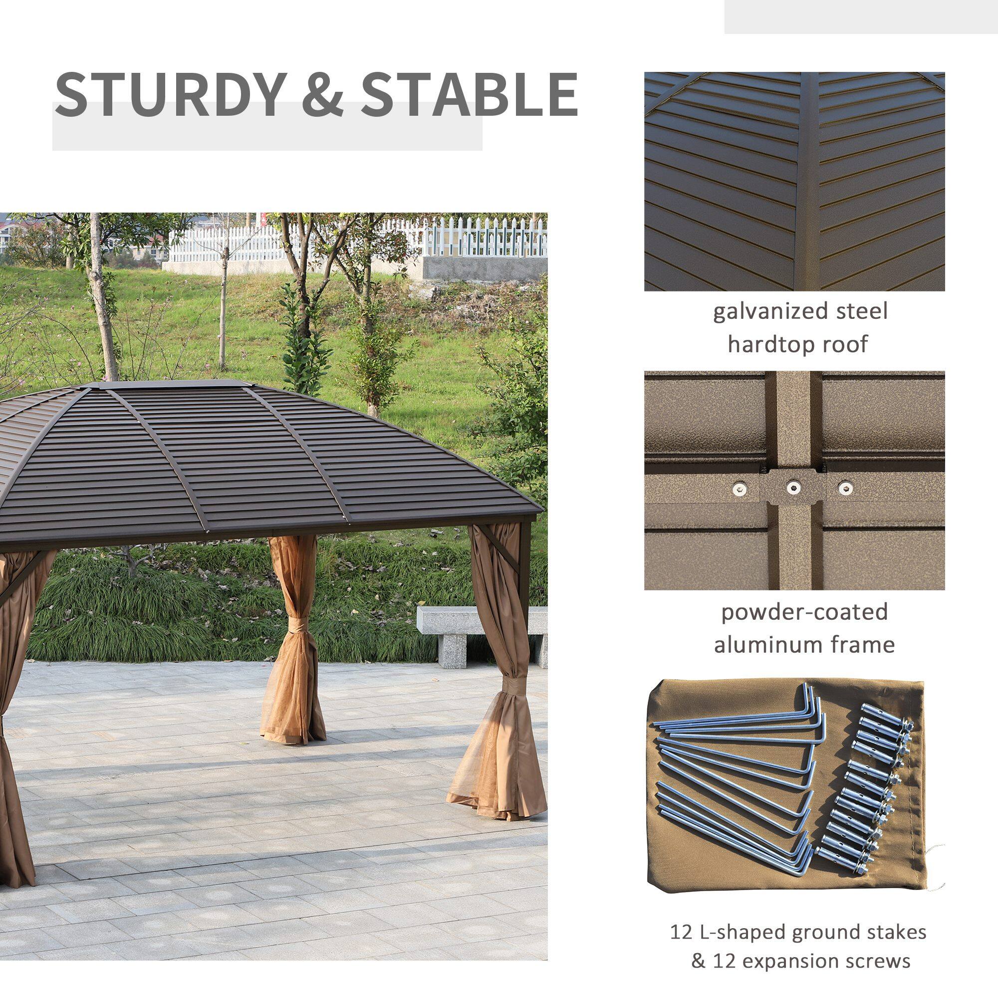 STURDY & STABLE
galvanized steel hardtop roof
powder-coated aluminum frame
12 L-shaped ground stakes & 12 expansion screws