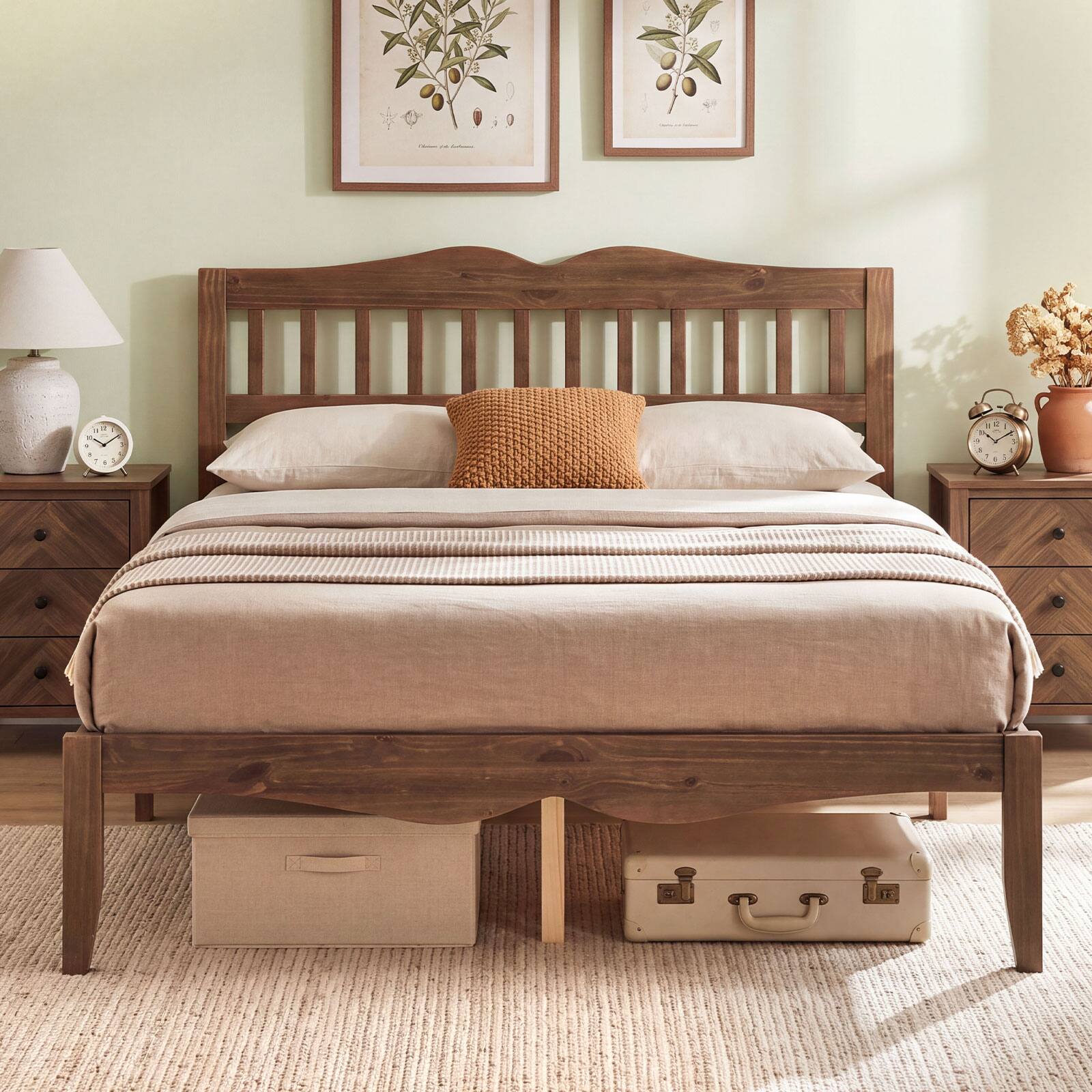 Alt View 4. Costway - Costway Full Size Platform Bed with Headboard, Solid Wood Frame, Sturdy Wood Slat Support - Walnut.