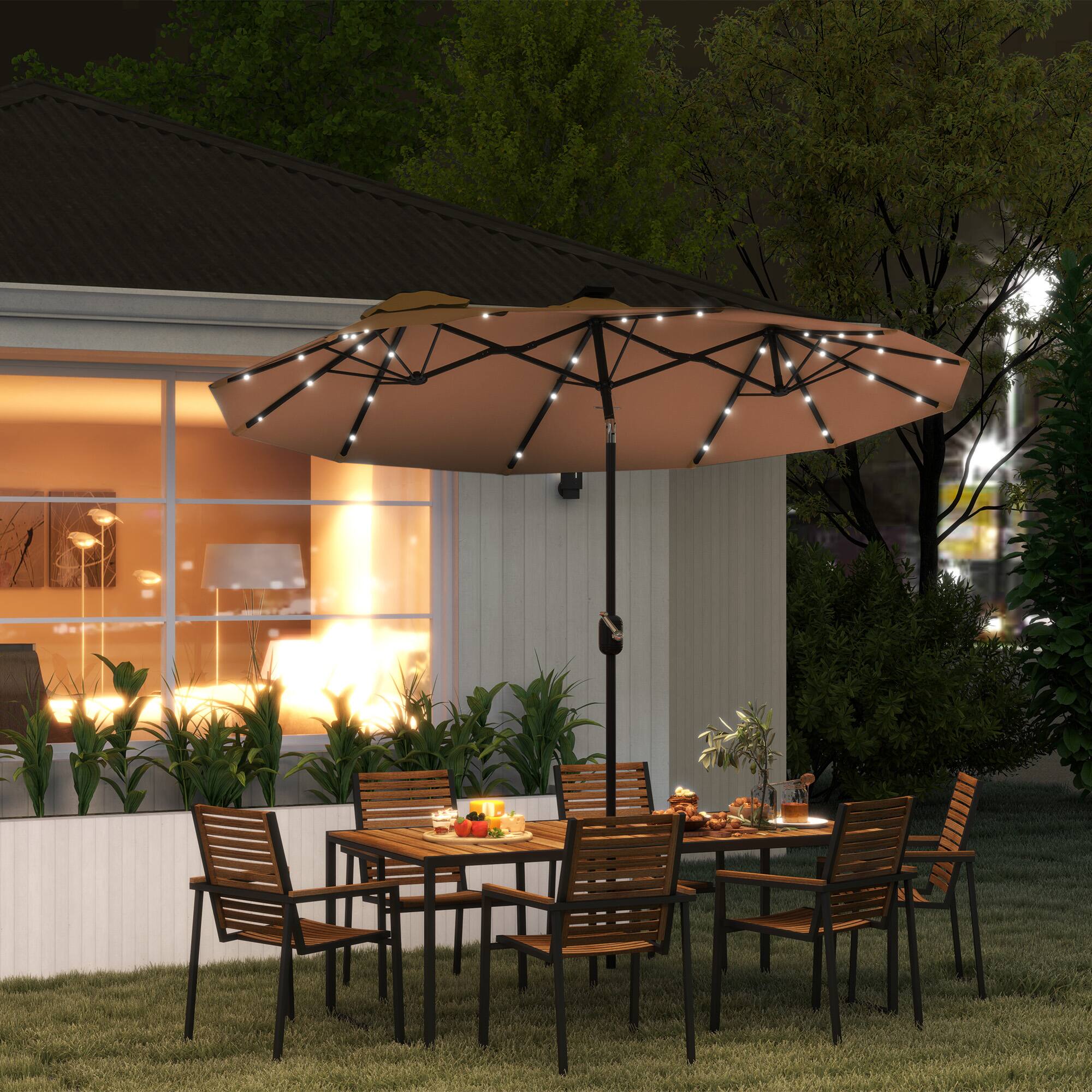 Angle. Outsunny - Double Sided Patio Umbrella, 9.7' Large Outdoor Market Umbrella with LED Solar Light, Tilt and Crank, 3 Air Vents - Coffee.
