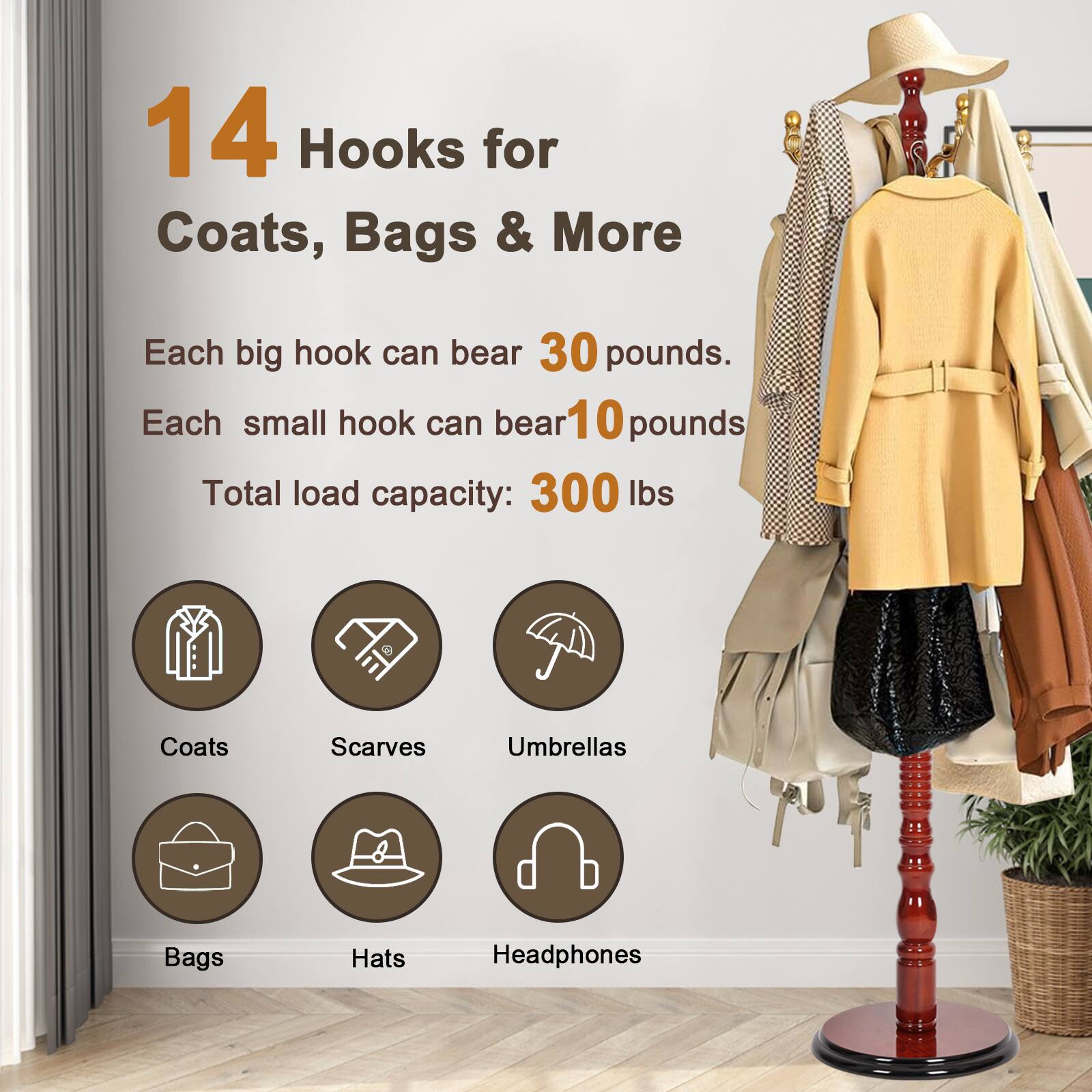 Alt View 1. Chateau Abodes - Solid Wood Coat Rack, Free Standing Hall Coat Tree with 14Hooks, 3 Height Options, 300lbs Load, Stury Base - Begonia.