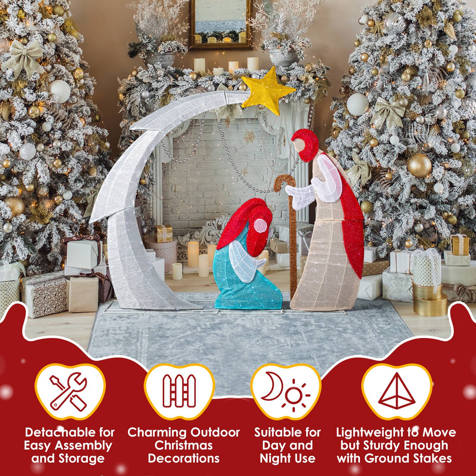 - Detachable for Easy Assembly and Storage
- Charming Outdoor Christmas Decorations
- Suitable for Day and Night Use
- Lightweight to Move but Sturdy Enough with Ground Stakes