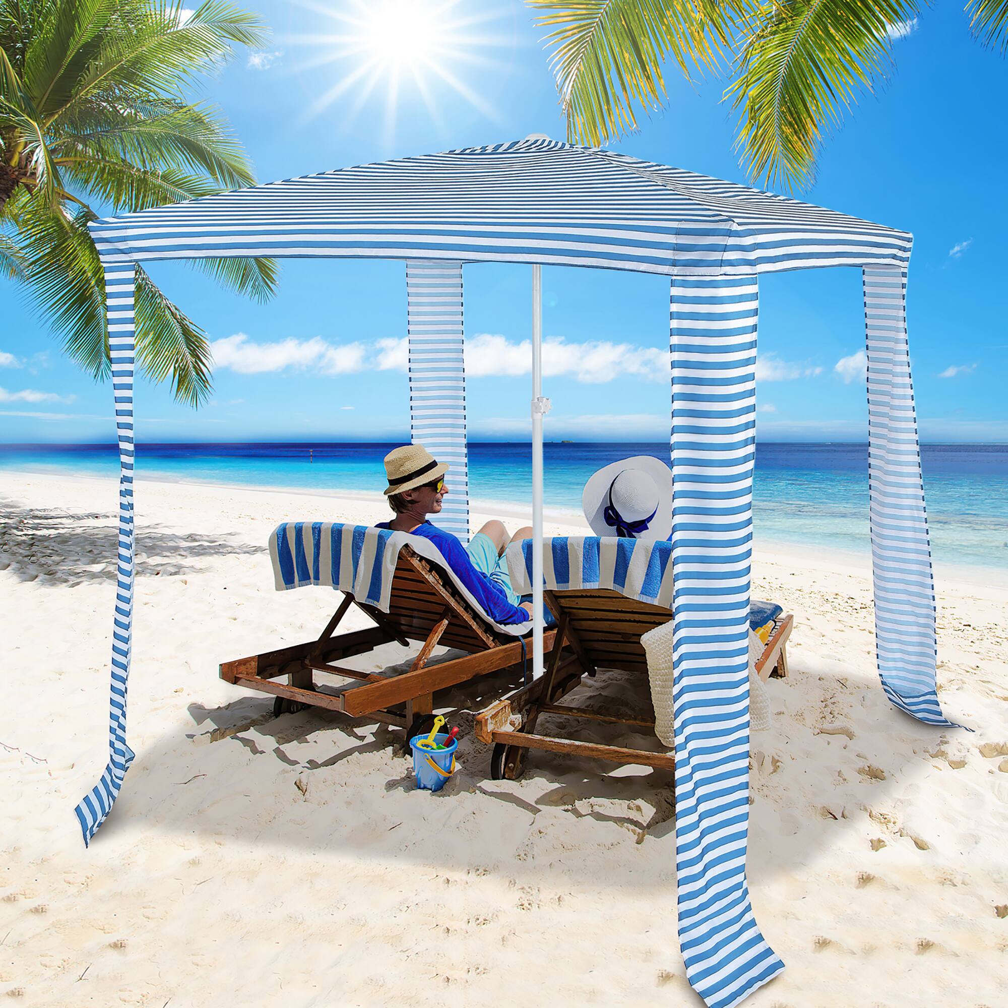 Angle. Costway - 6.6' x 6.6' Foldable Beach Cabana Easy-Setup Beach Canopy with Carry Bag - Blue.