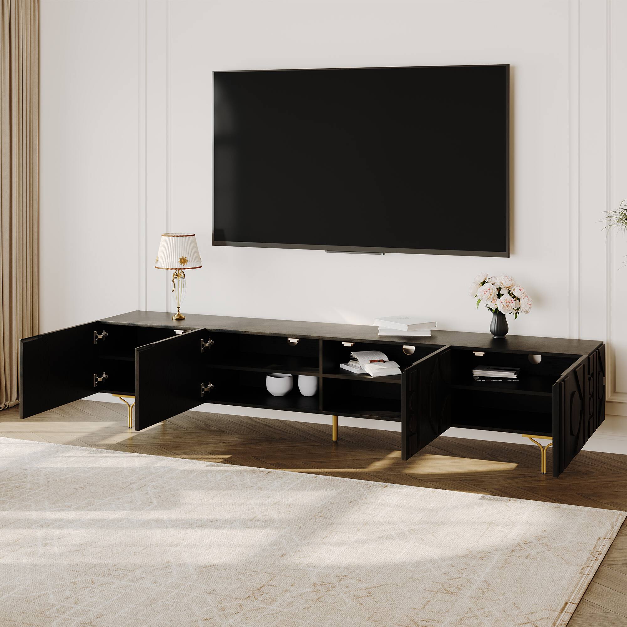 Back. POVISON - 94.49" Mid-Century TV Stand, Red Oak Veneer Smoky TV Console, Wood Media Console, Metal Legs, Perfect for 85-in TVs - Smoky.