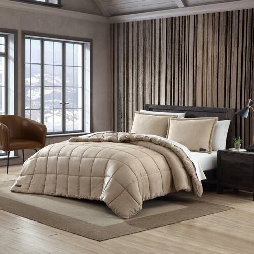 Angle. Hivvago - King Plush Sherpa Reversible Micro Suede Comforter Set in Beige - Beige.
