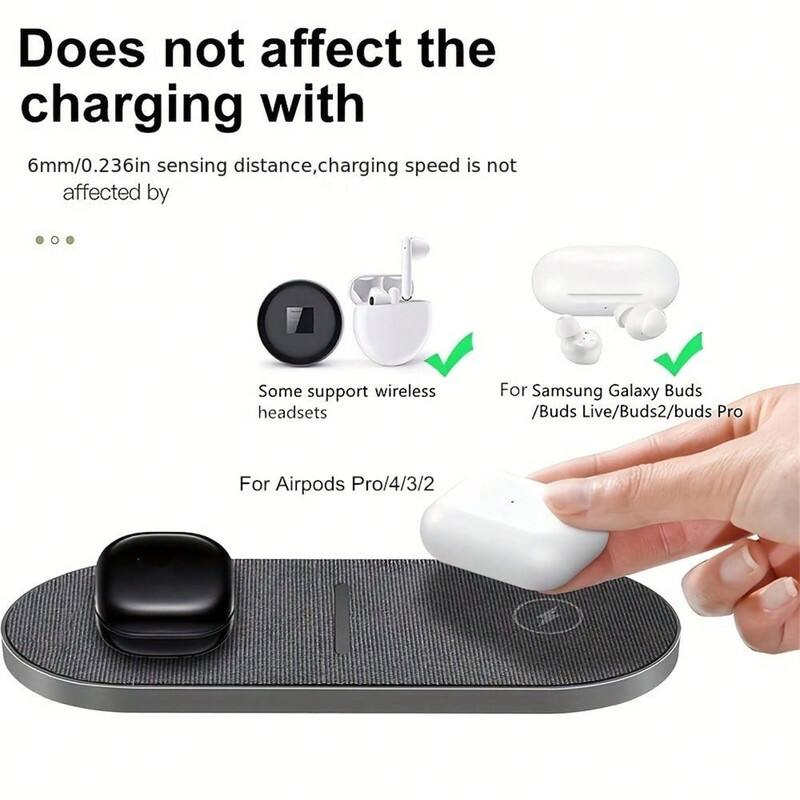 Does not affect the charging with 6mm/0.236in sensing distance, charging speed is not affected by

- Some support wireless headsets
- For Samsung Galaxy Buds / Buds Live / Buds2 / buds Pro
- For Airpods Pro / 4 / 3 / 2