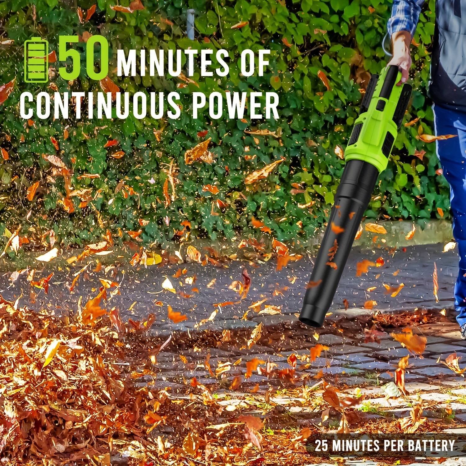 50 minutes of continuous power  
25 minutes per battery