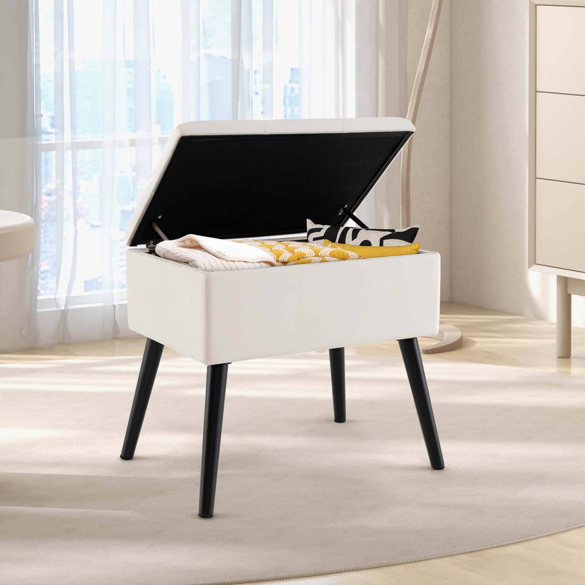 Alt View 4. Costway - Costway 2 PCS Velvet Vanity Stool Ottoman with Storage Solid Wood Legs Flip-Up Top Beige - Beige.