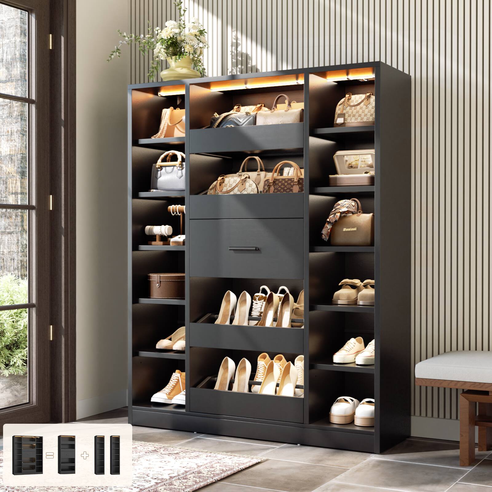 Aheaplus - 6-Tier Shoe Cabinet with 12 Shelves and 5 Drawers, 40'' Wide Shoe Rack with LED Lights, Holds Up 30+ Pairs of Shoes - Black