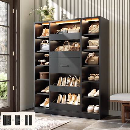 Front. Aheaplus - 6-Tier Shoe Cabinet with 12 Shelves and 5 Drawers, 40'' Wide Shoe Rack with LED Lights, Holds Up 30+ Pairs of Shoes - Black.