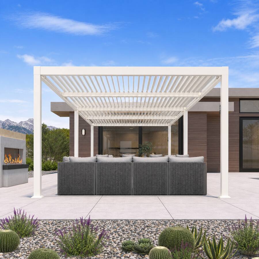 Alt View 1. PURPLE LEAF - Louvered Pergola with LED Strip Lights Outdoor White Aluminum Hardtop Gazebo with Adjustable Roof for Patio Garden Yard - 11'×23'.