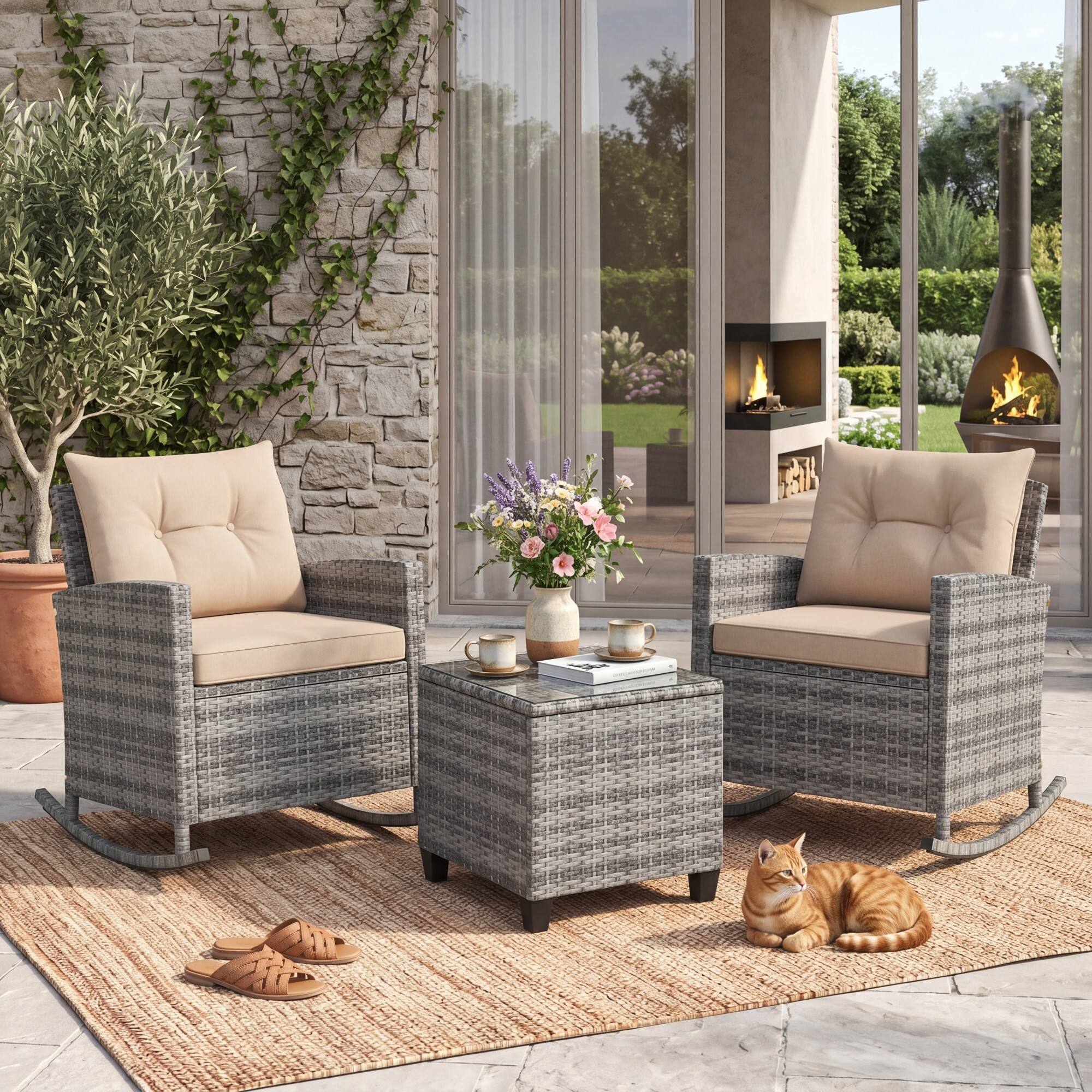 Alt View 3. Gymax - Gymax 3 PCS Patio Wicker Rocking Set w/ Tempered Glass Table & Soft Cushions Outdoor Mix Gray & Beige - Beige.