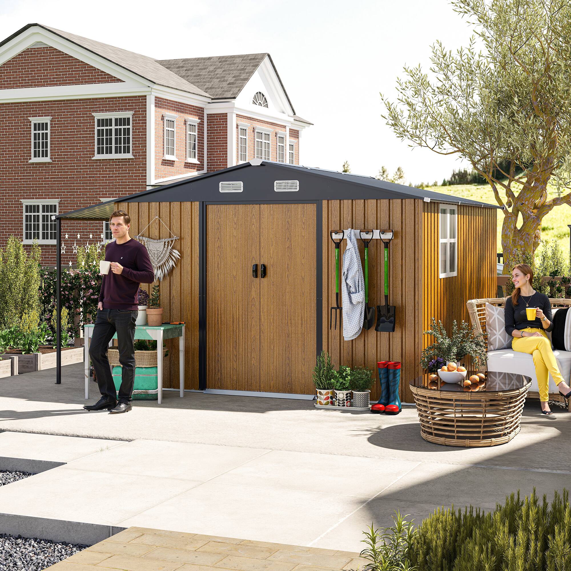 Back. Anysun - 10x12ft Metal Storage Shed with Lockable Doors, Windows & Sliding Door with Ramp, Dual-Zone Design for Backyard or Patio - Yellow.