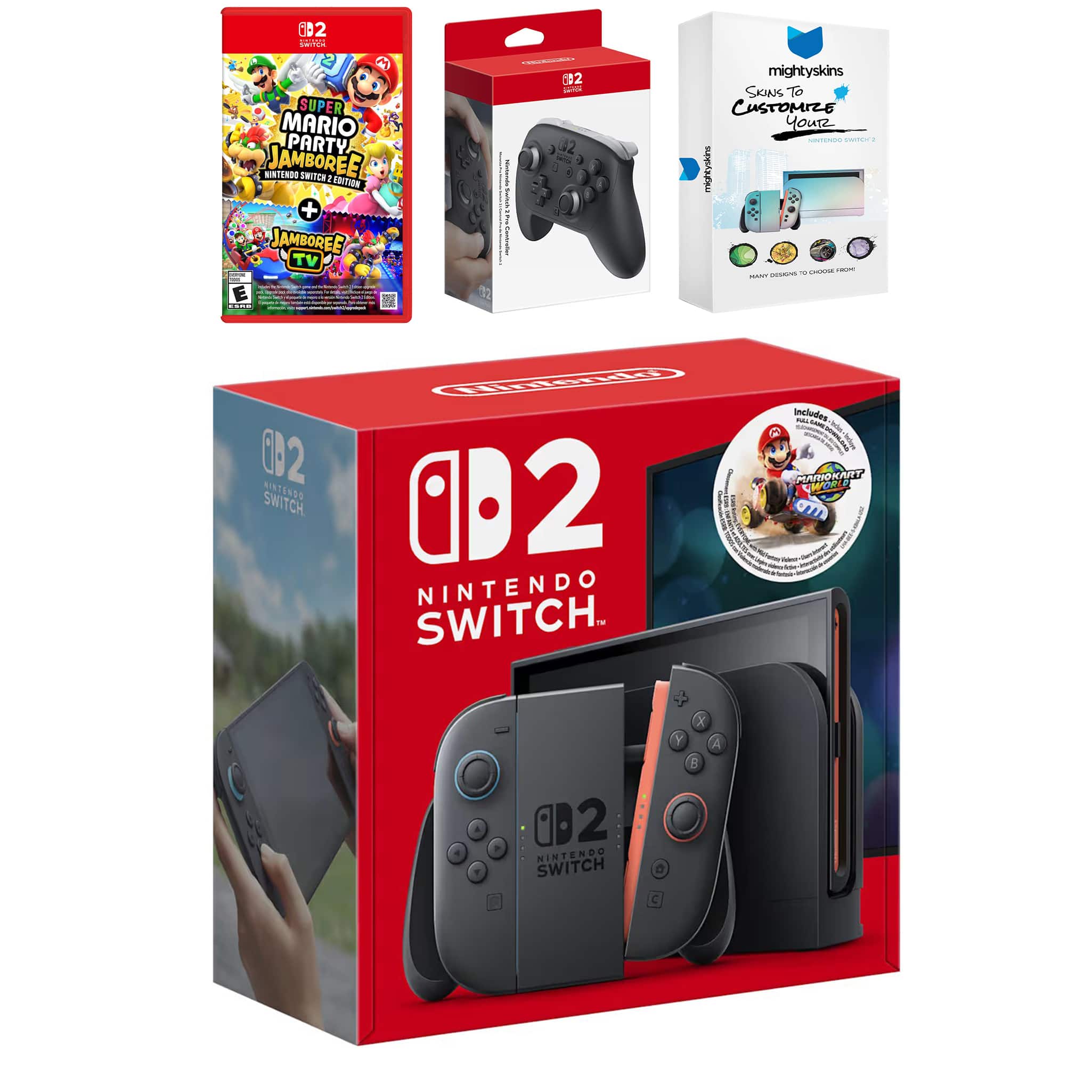 Switch 2 + Mario Kart World Bundle with Super Mario Party Jamboree, Pro Controller and MightySkins Code Bundle - Nintendo Switch 2
