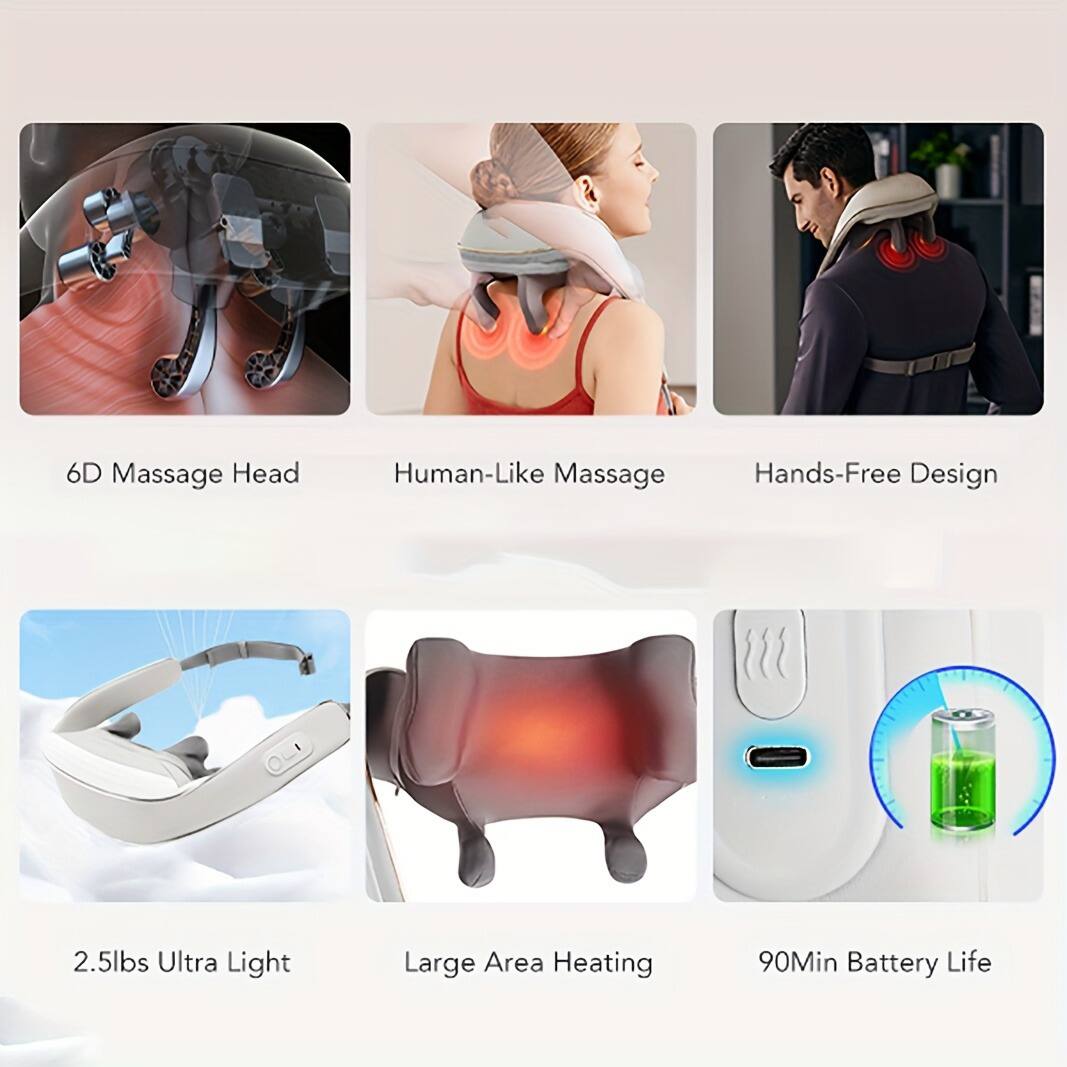- 6D Massage Head
- Human-Like Massage
- Hands-Free Design
- 2.5lbs Ultra Light
- Large Area Heating
- 90Min Battery Life