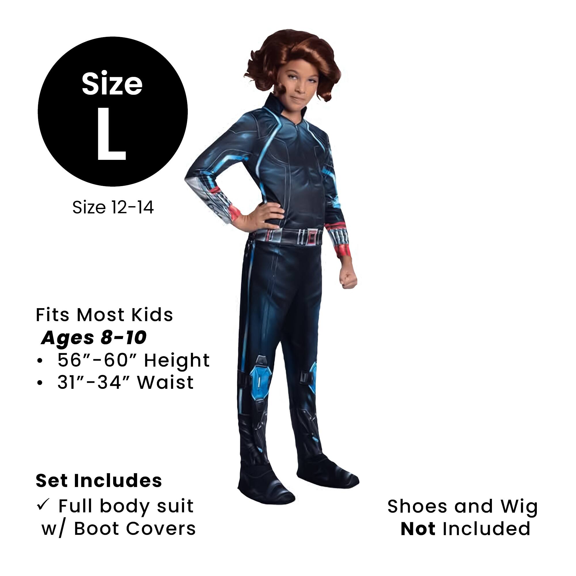 Size L  
Size 12-14  

Fits Most Kids  
Ages 8-10  
- 56"-60" Height  
- 31"-34" Waist  

Set Includes  
✓ Full body suit w/ Boot Covers  

Shoes and Wig Not Included