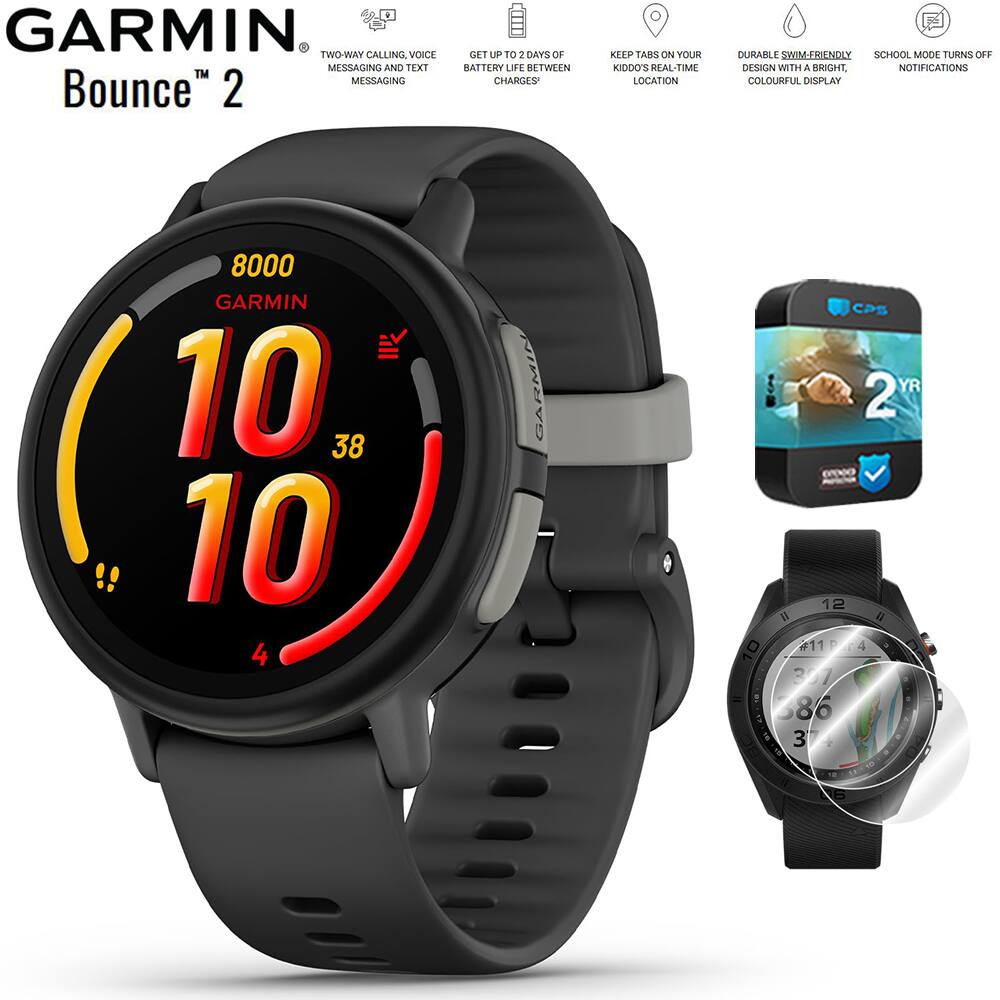 GARMIN Bounce 2

- TWO-WAY CALLING, VOICE MESSAGING AND TEXT MESSAGING
- GET UP TO 2 DAYS OF BATTERY LIFE BETWEEN CHARGES
- KEEP TABS ON YOUR KID'S REAL-TIME LOCATION
- DURABLE, SWIM-FRIENDLY DESIGN WITH A BRIGHT, COLOURFUL DISPLAY
- SCHOOL MODE TURNS OFF NOTIFICATIONS

8000 GARMIN

10 38

4

GARMIN CPS

2 YR