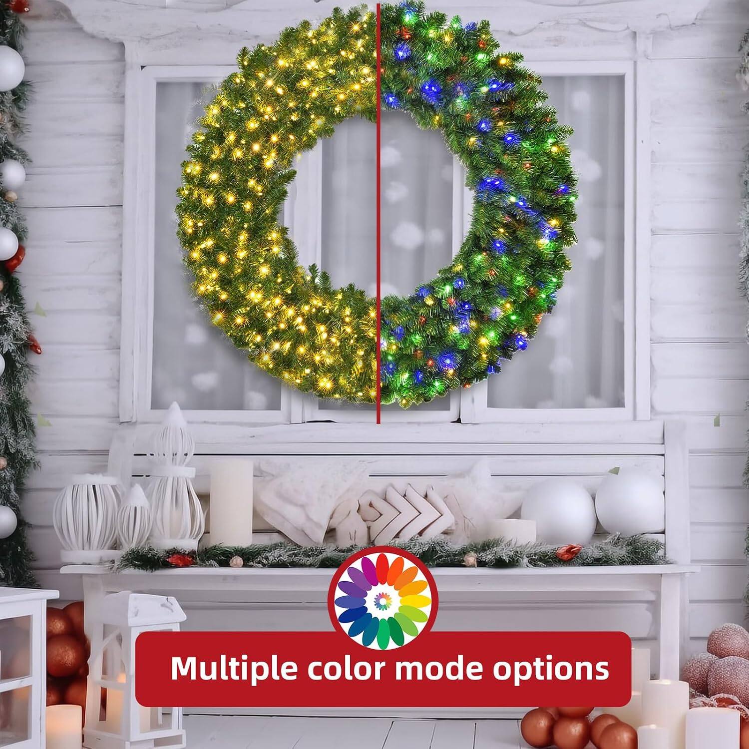 Oumilen 60 Inch Pre Lit Christmas Wreath – 300 Dual Color LED Lights ...