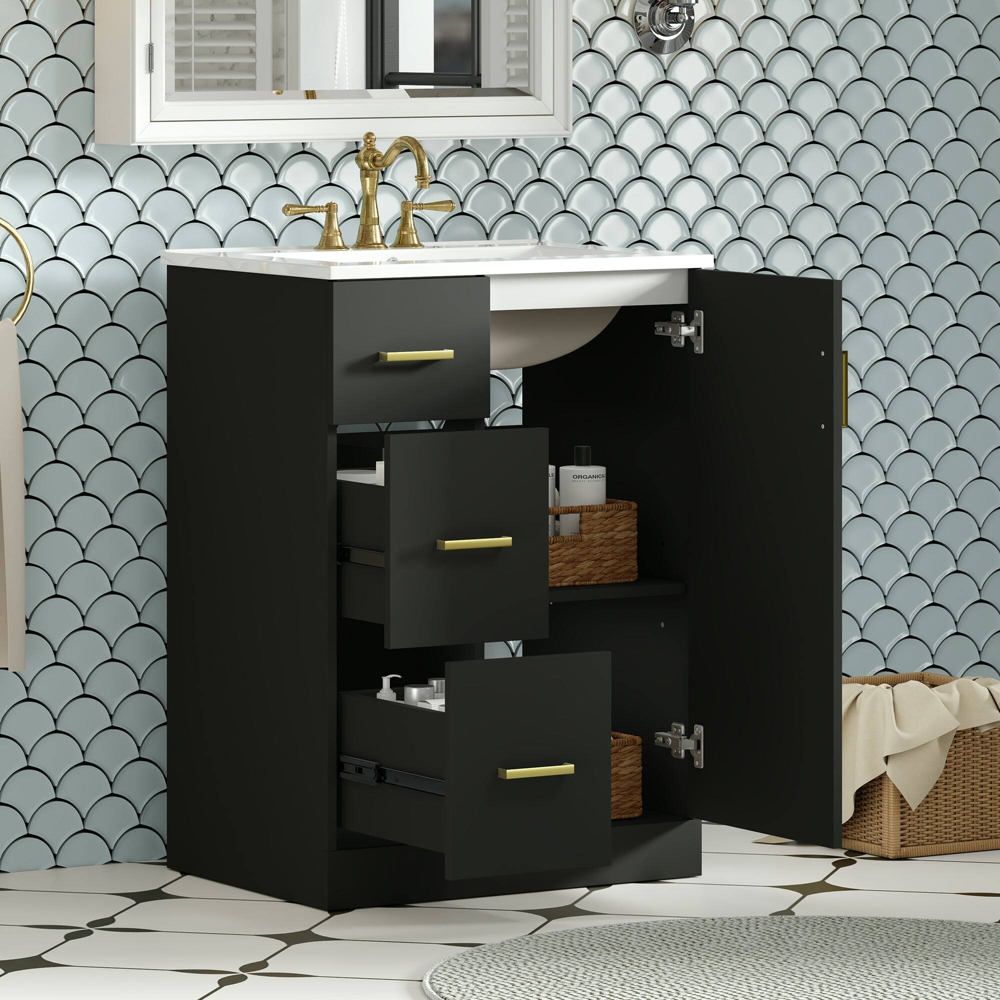 Alt View 2. Boyel Living - 24 Inch Modern Bathroom Vanity with Sink 2 Drawers and Soft Close Door Black - Black.