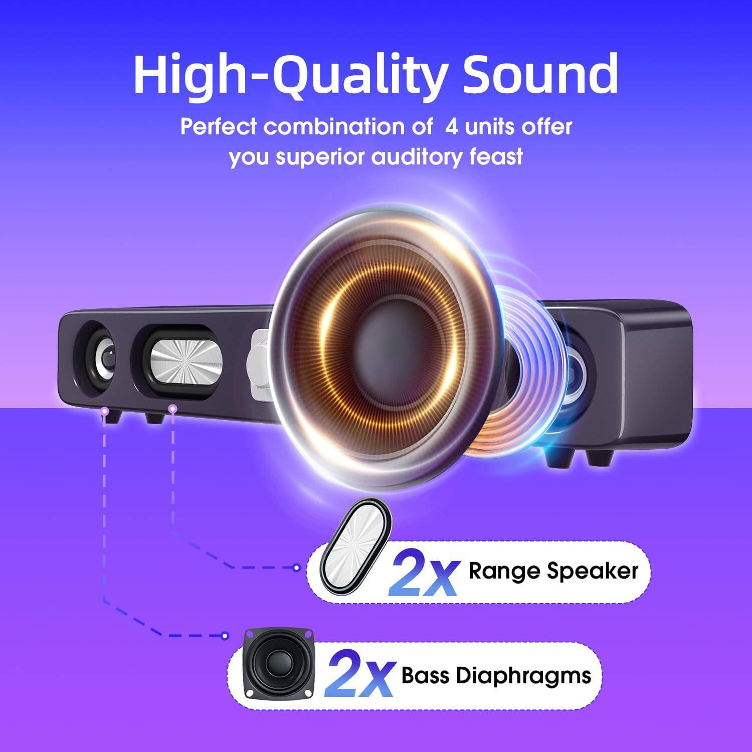 High-Quality Sound  
Perfect combination of 4 units offer you superior auditory feast  

2x Range Speaker  
2x Bass Diaphragms