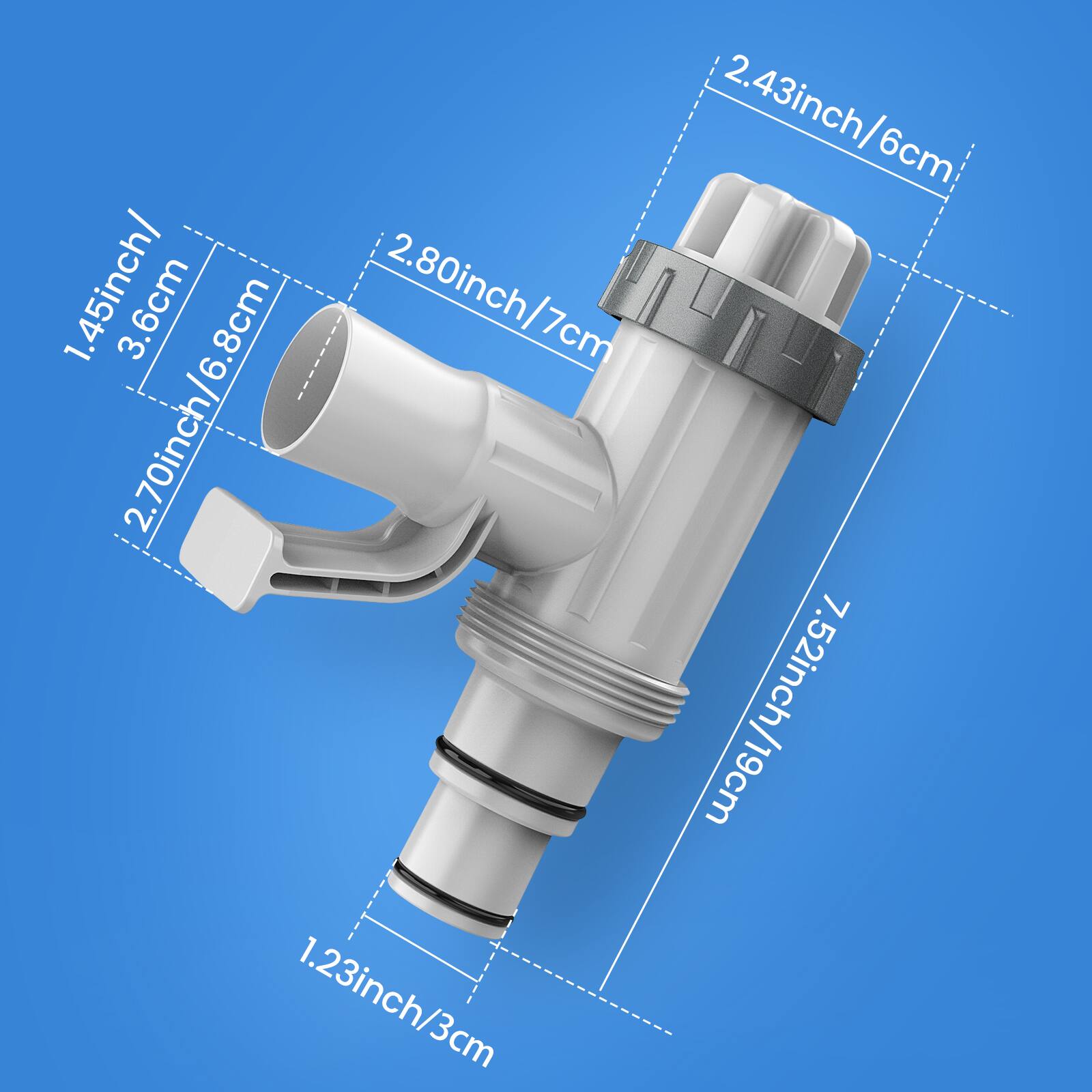 2.43 inch/ 6 cm  
1.45 inch/ 2.70 inch/ 6.8 cm  
3.6 cm  
2.80 inch/ 7 cm  
7.52 inch/ 19 cm  
1.23 inch/ 3 cm