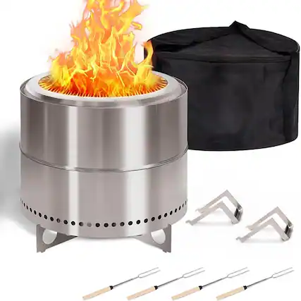 Front. FODINGHILL - 19-Inch Smokeless Fire Pit, Portable Stainless Steel Wood Burning Stove for Outdoor Camping, Low Smoke Design - silver.