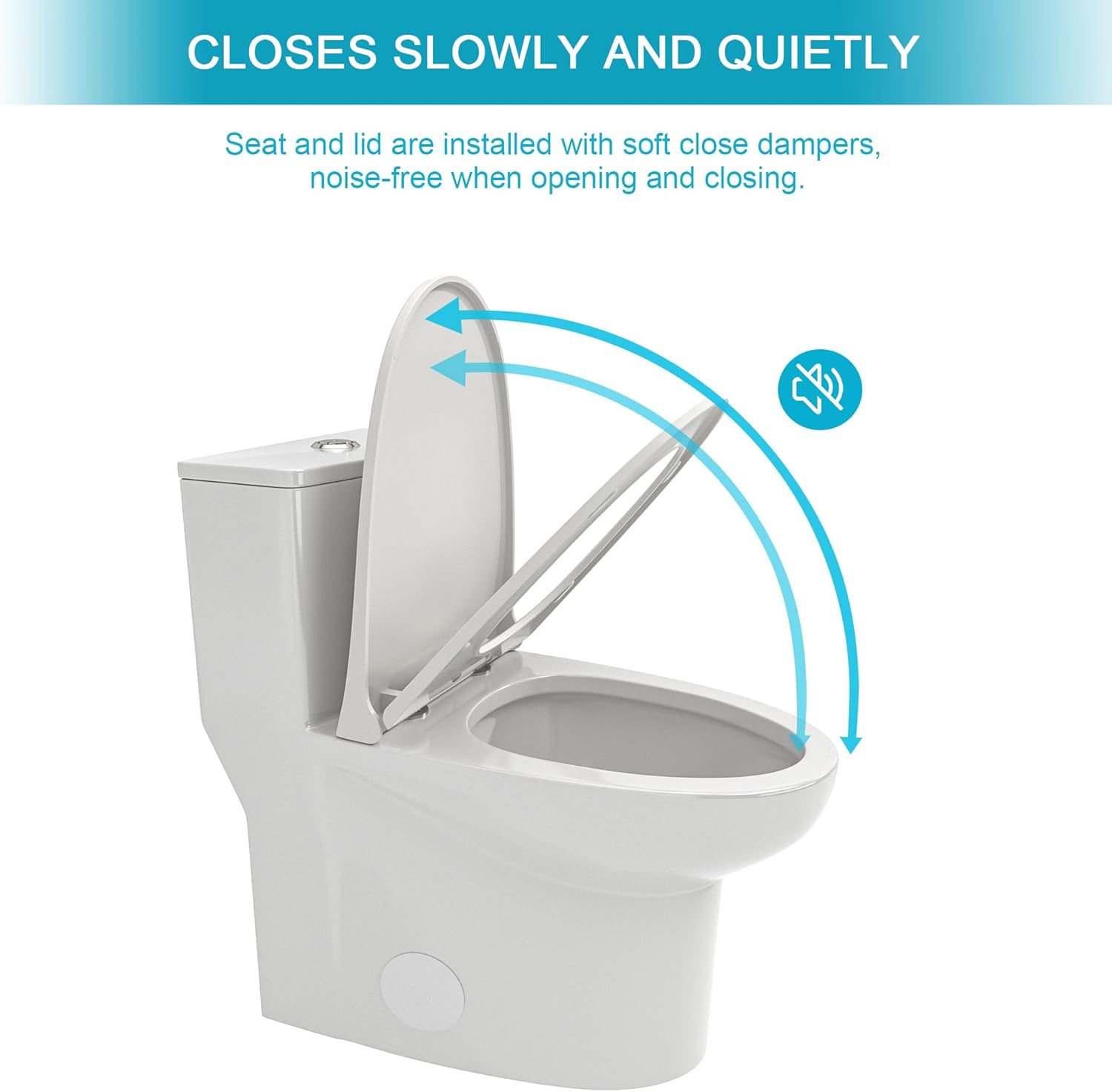 The text in the image can be grouped and corrected as follows:

**Closes Slowly and Quietly**

Seat and lid are installed with soft close dampers, noise-free when opening and closing.