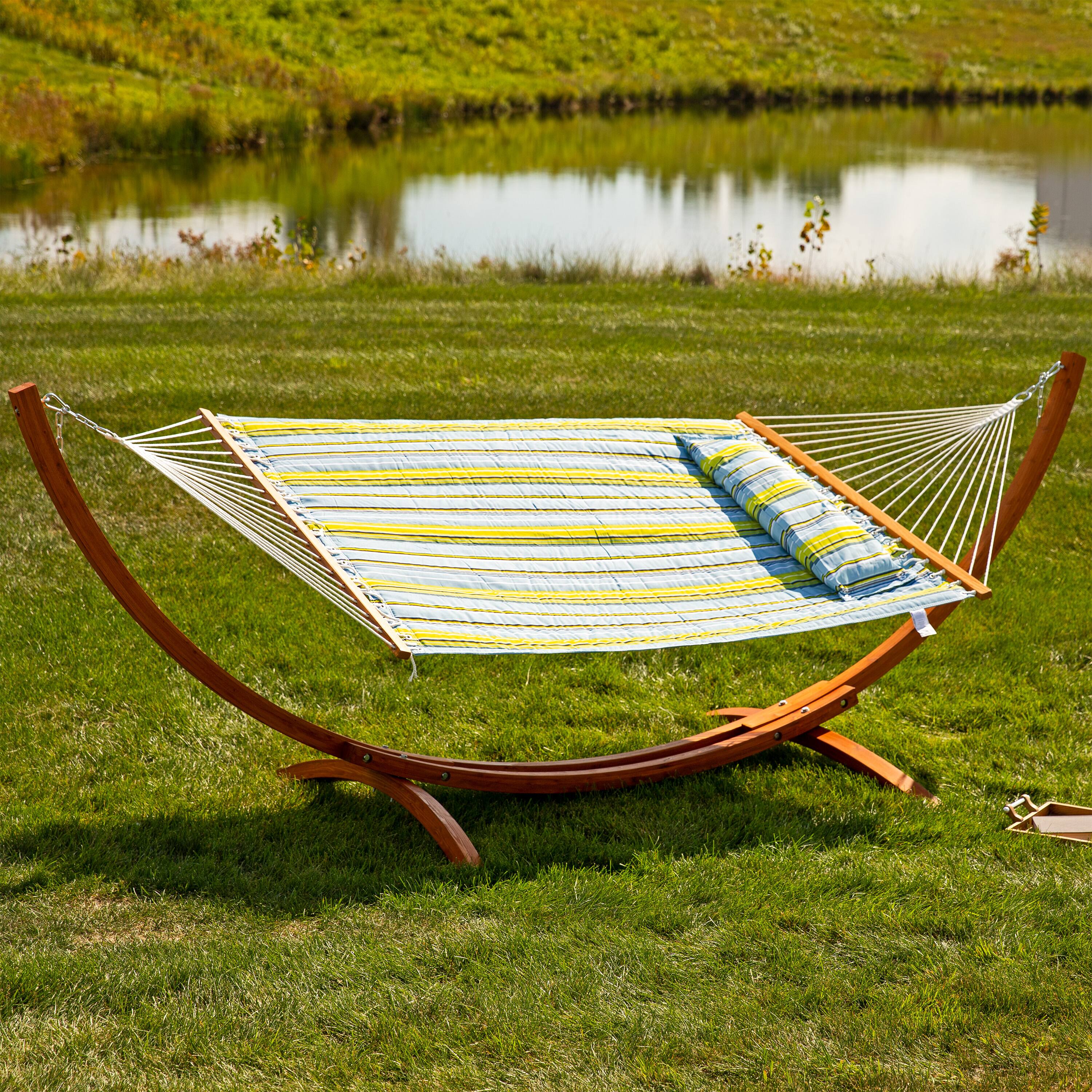 Alt View 3. Sunnydaze - 2-Person Quilted Hammock with Curved Wooden Stand - Blue and Green Stripe.