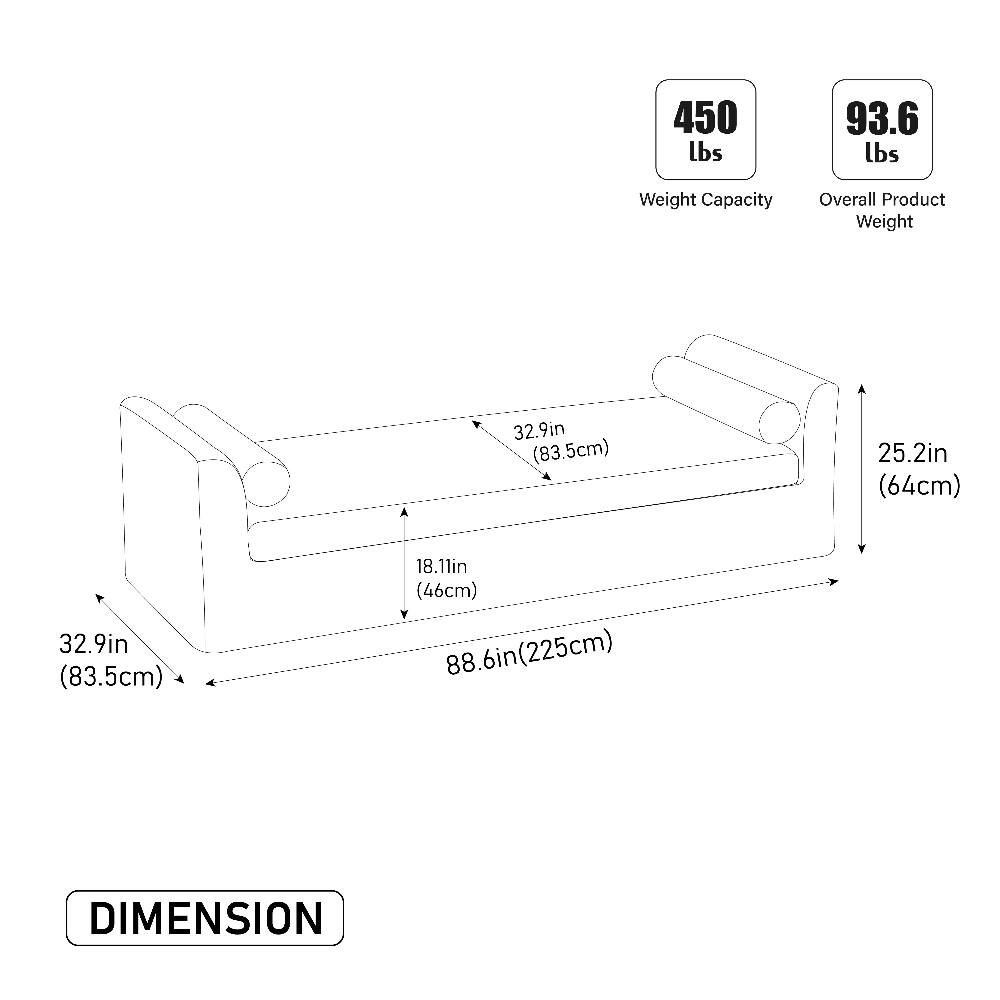 450 lbs  
93.6 lbs  
Weight Capacity  
Overall Product Weight  

A  
32.9in (83.5cm)  
25.2in (64cm)  
32.9in (83.5cm)  
18.11in (46cm)  
88.6in (225cm)  

DIMENSION